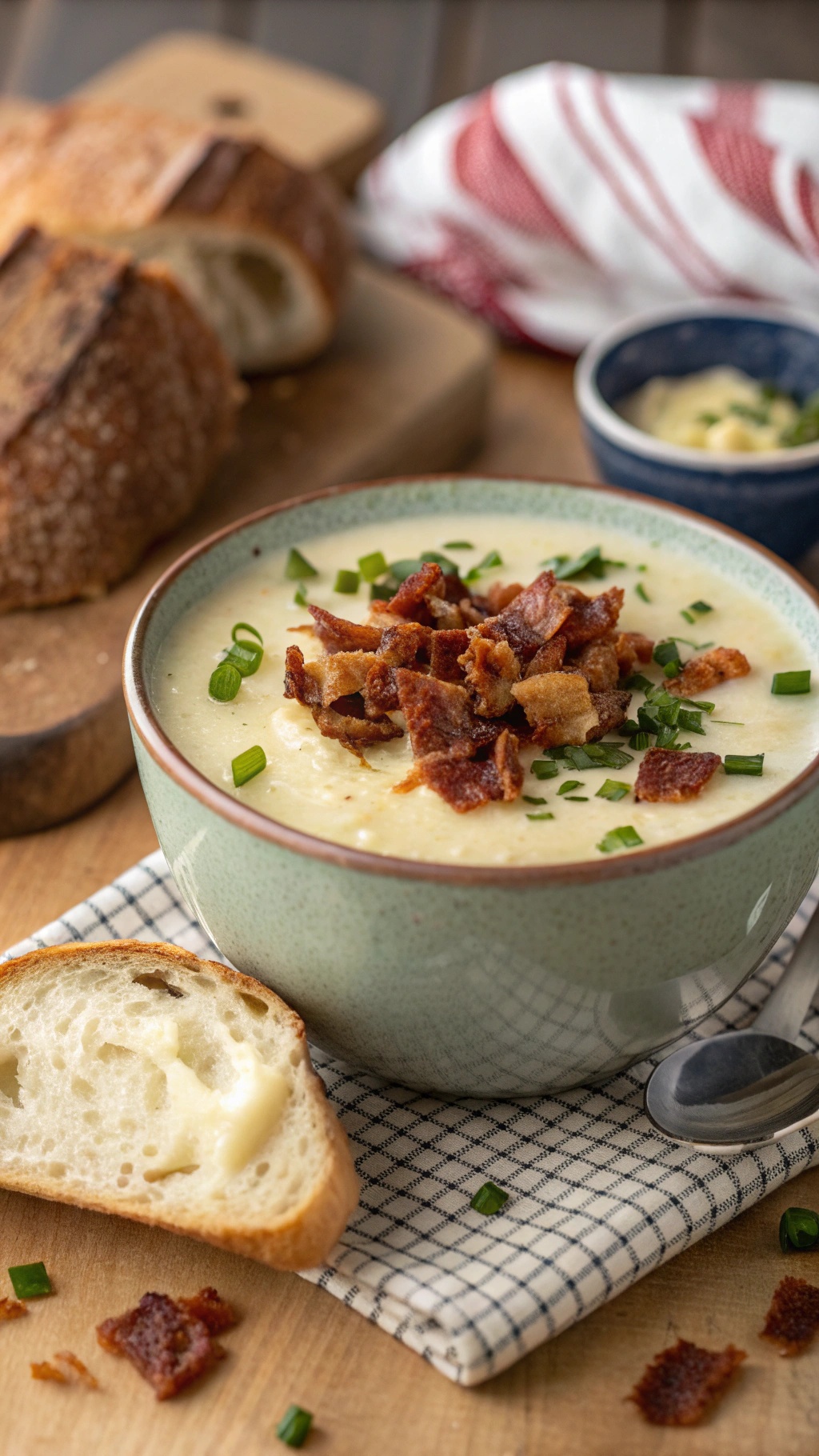 A cozy bowl of creamy potato soup topped with bacon and chives, served with a slice of bread.