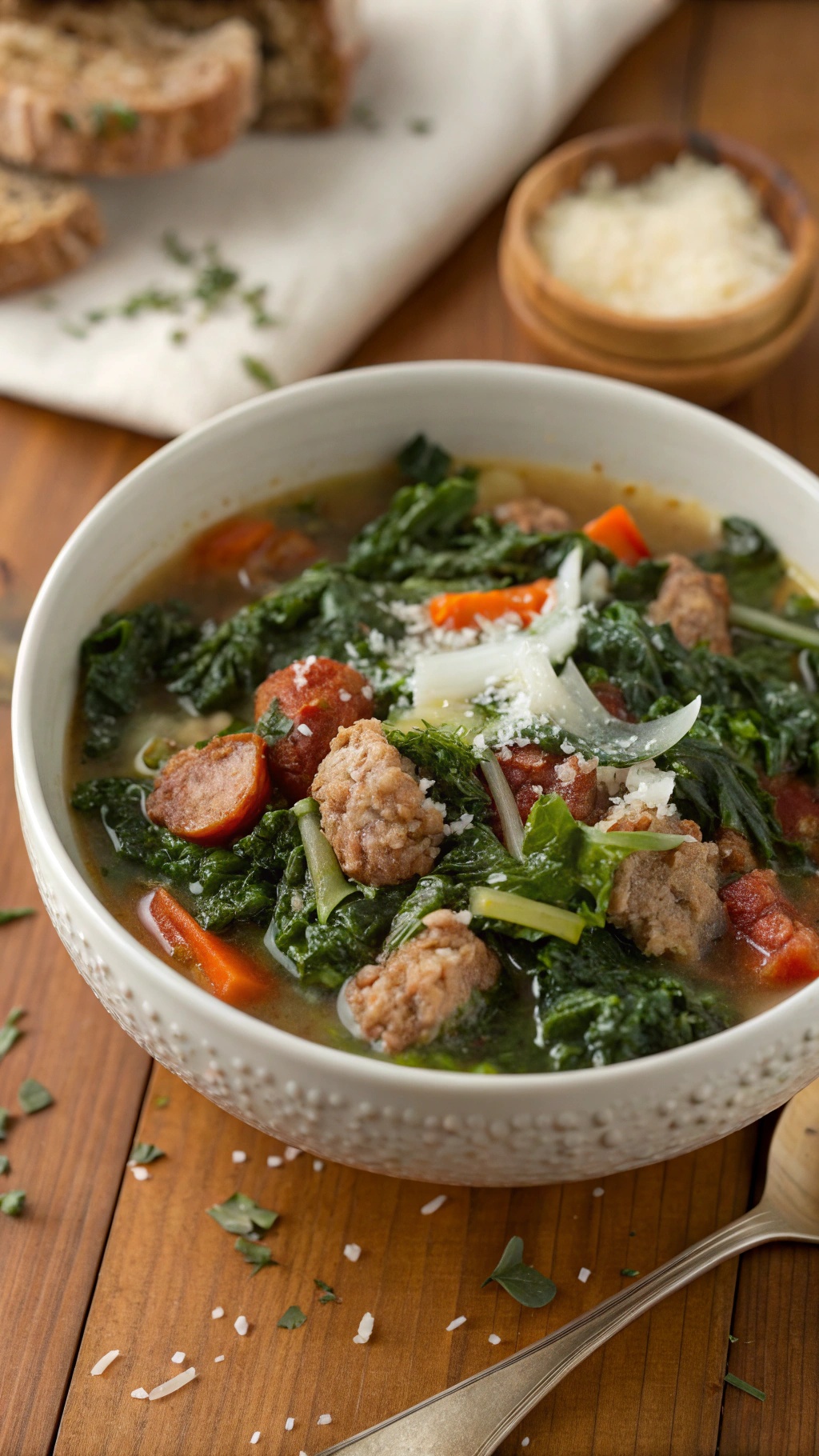 A bowl of Italian sausage and kale soup garnished with Parmesan cheese, served with slices of bread.