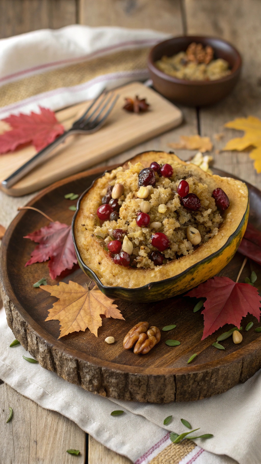 Stuffed acorn squash with quinoa, cranberries, and nuts, surrounded by autumn leaves.