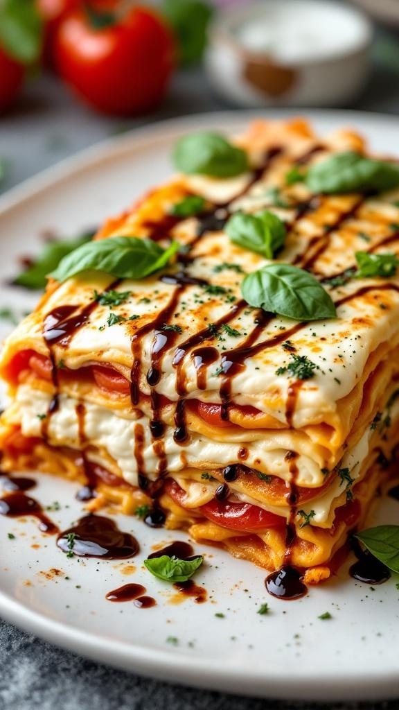 A plate of vegan Caprese lasagna topped with fresh basil and balsamic glaze.