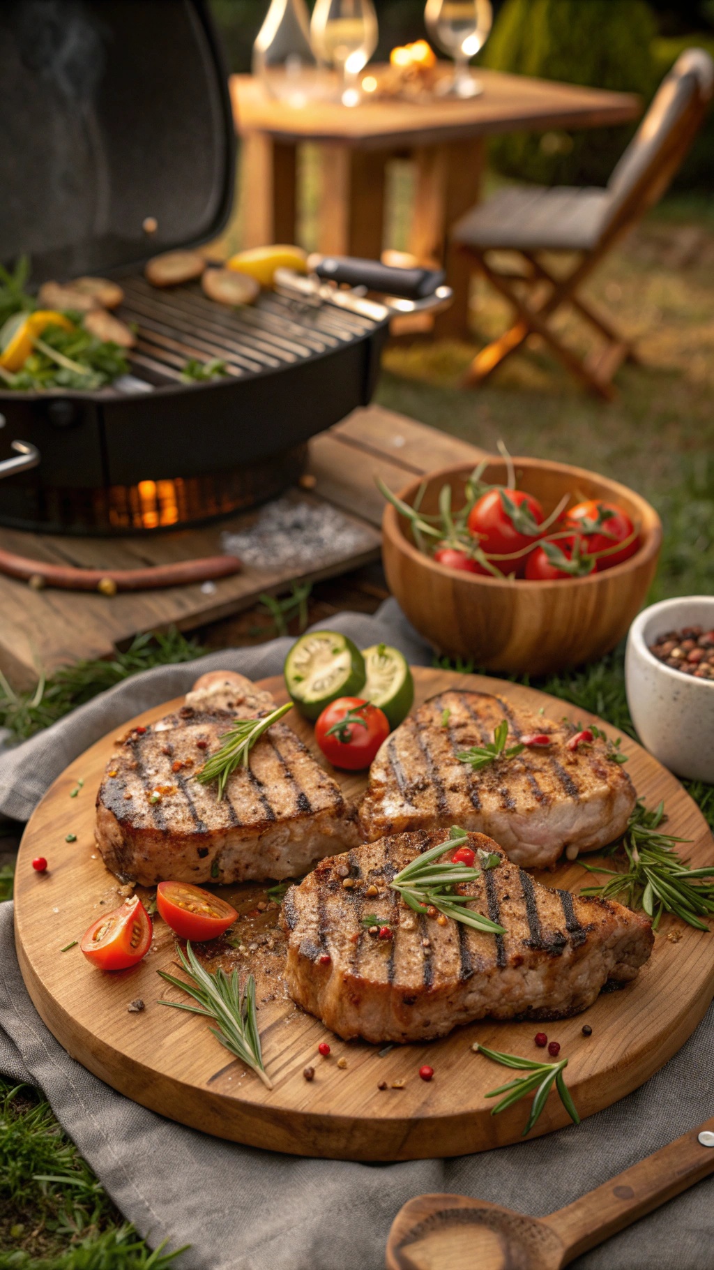 Grilled pork chops with herbs on a wooden platter, garnished with cherry tomatoes and lemon wedges.