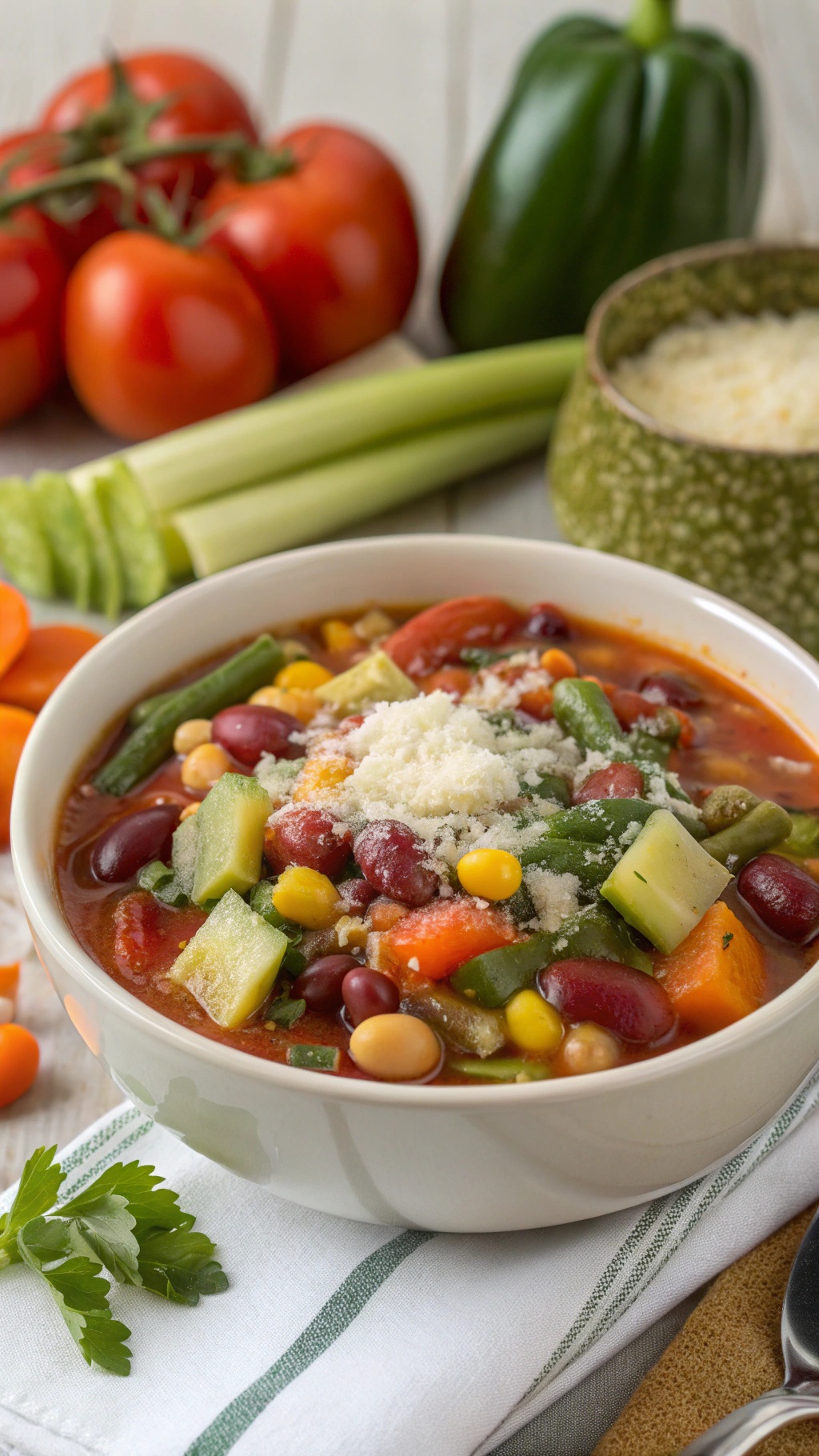A bowl of vegetable minestrone soup with fresh vegetables in the background.