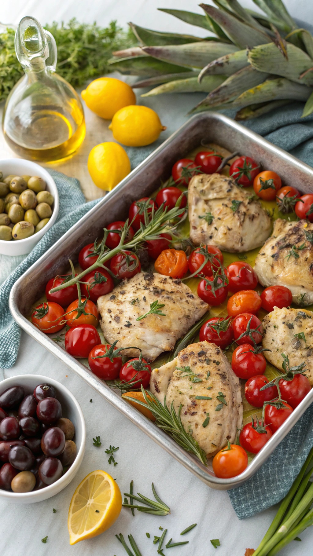 A sheet pan filled with Mediterranean chicken, cherry tomatoes, olives, and lemon slices, garnished with fresh herbs.