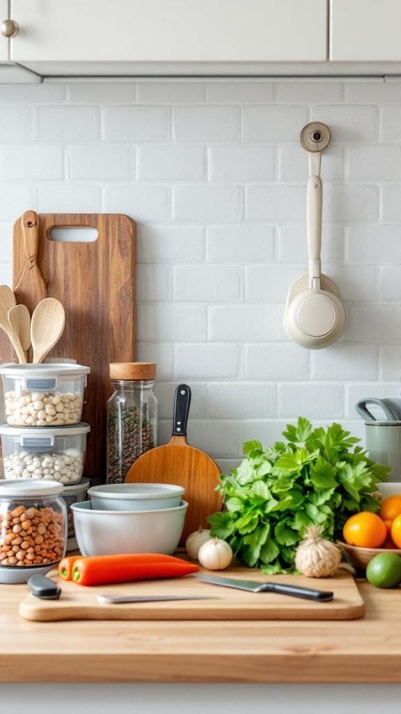 A kitchen countertop with fresh vegetables, herbs, and meal prep tools including a cutting board, knife, and storage containers.