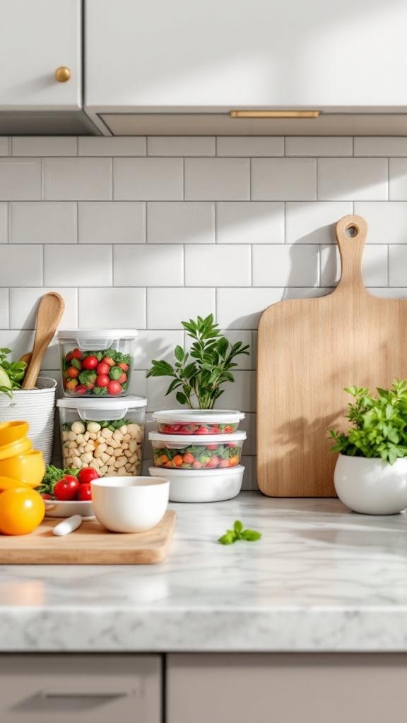 A bright kitchen countertop with meal prep containers filled with fresh vegetables and fruits, a cutting board, and a bowl.
