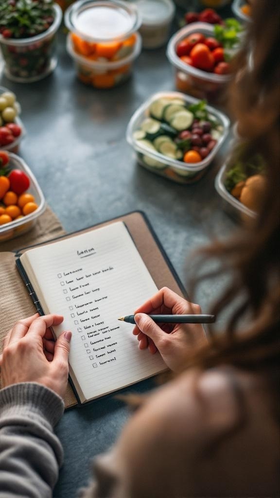 A person writing a meal prep checklist in a notebook with colorful containers of fresh ingredients around them.
