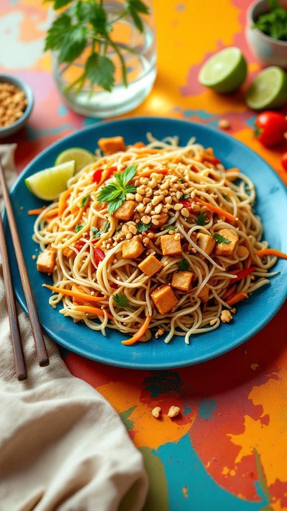 A vibrant plate of Vegan Pad Thai with tofu and veggies, garnished with peanuts and lime.