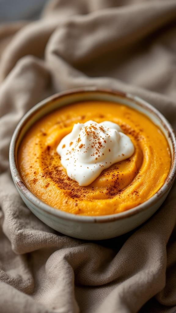 A bowl of chai-spiced pumpkin pudding topped with whipped cream and cinnamon.