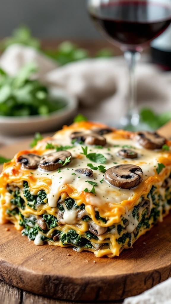 A delicious vegan mushroom lasagna served on a wooden board with a glass of red wine.