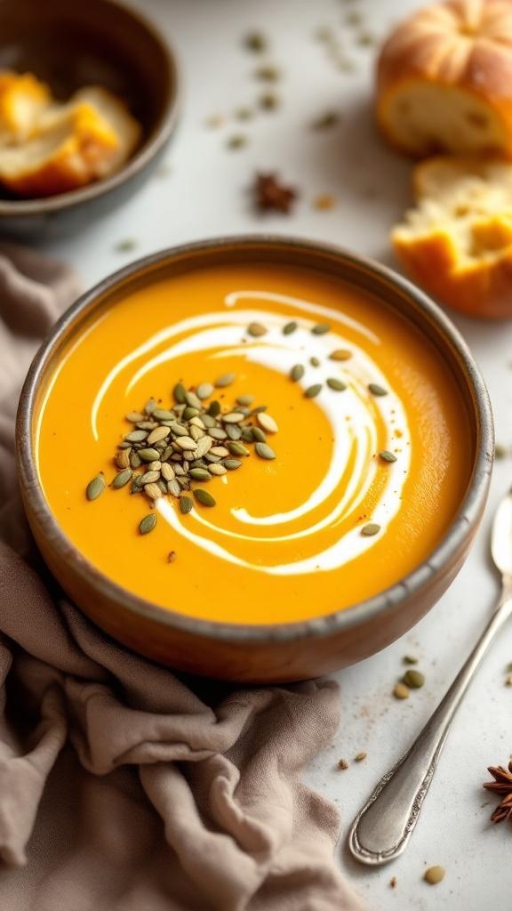 A bowl of creamy butternut squash soup garnished with pumpkin seeds, surrounded by a cozy setting.