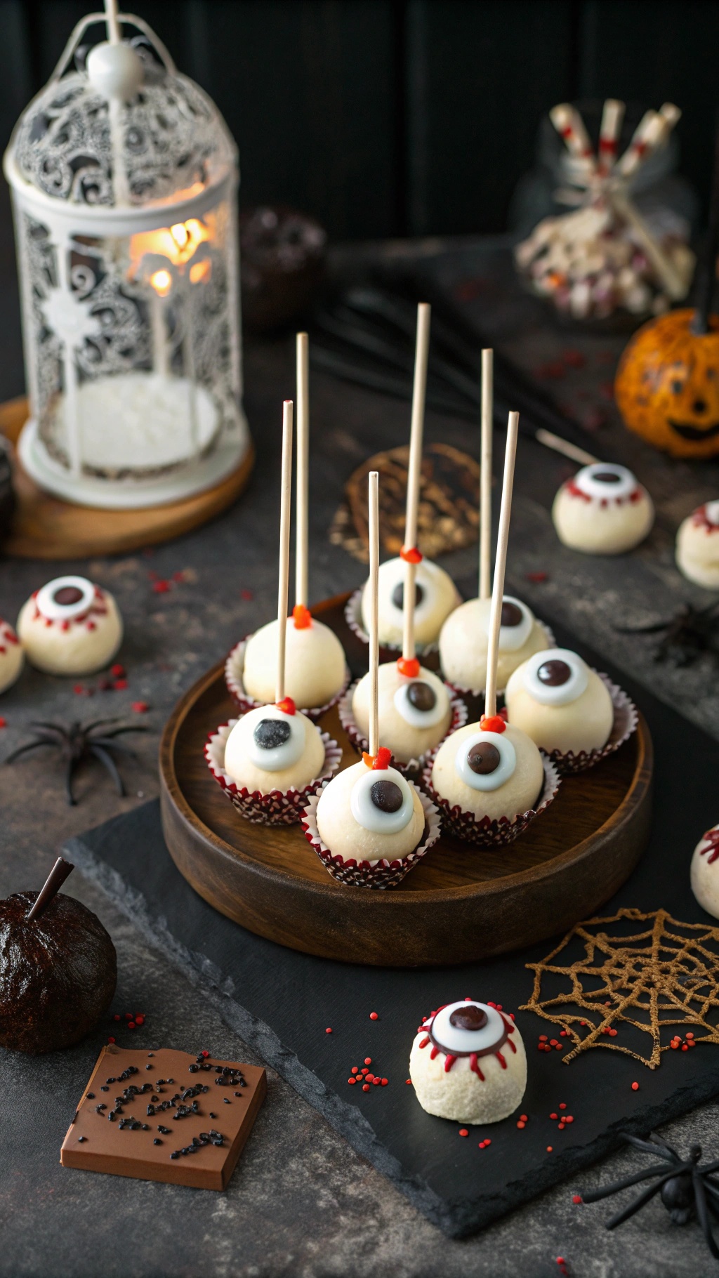 A plate of eyeball cake pops decorated with candy eyes and red icing, set against a Halloween-themed backdrop.