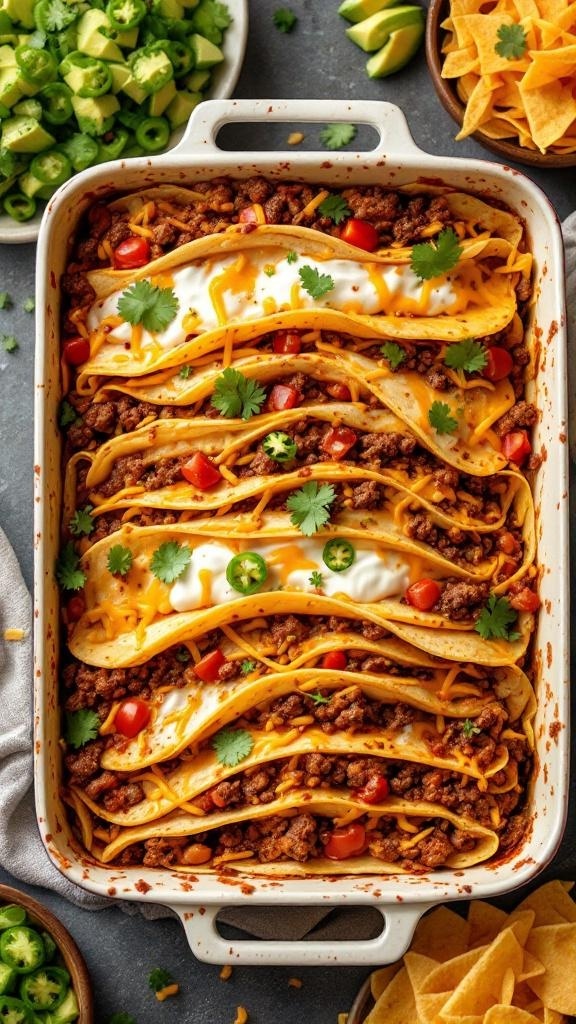 A delicious taco lasagna with layers of tortillas, seasoned beef, cheese, and fresh toppings.