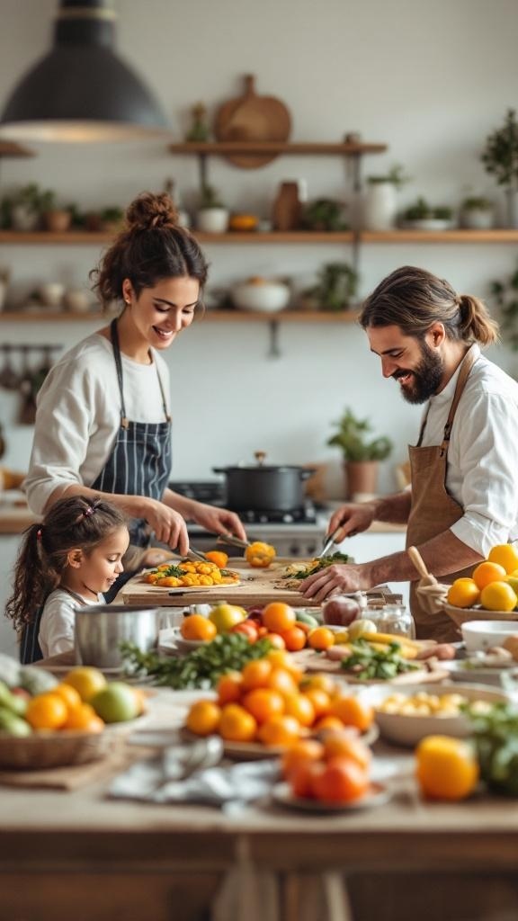 A family cooking together in a bright kitchen, preparing healthy meals with fresh fruits and vegetables.