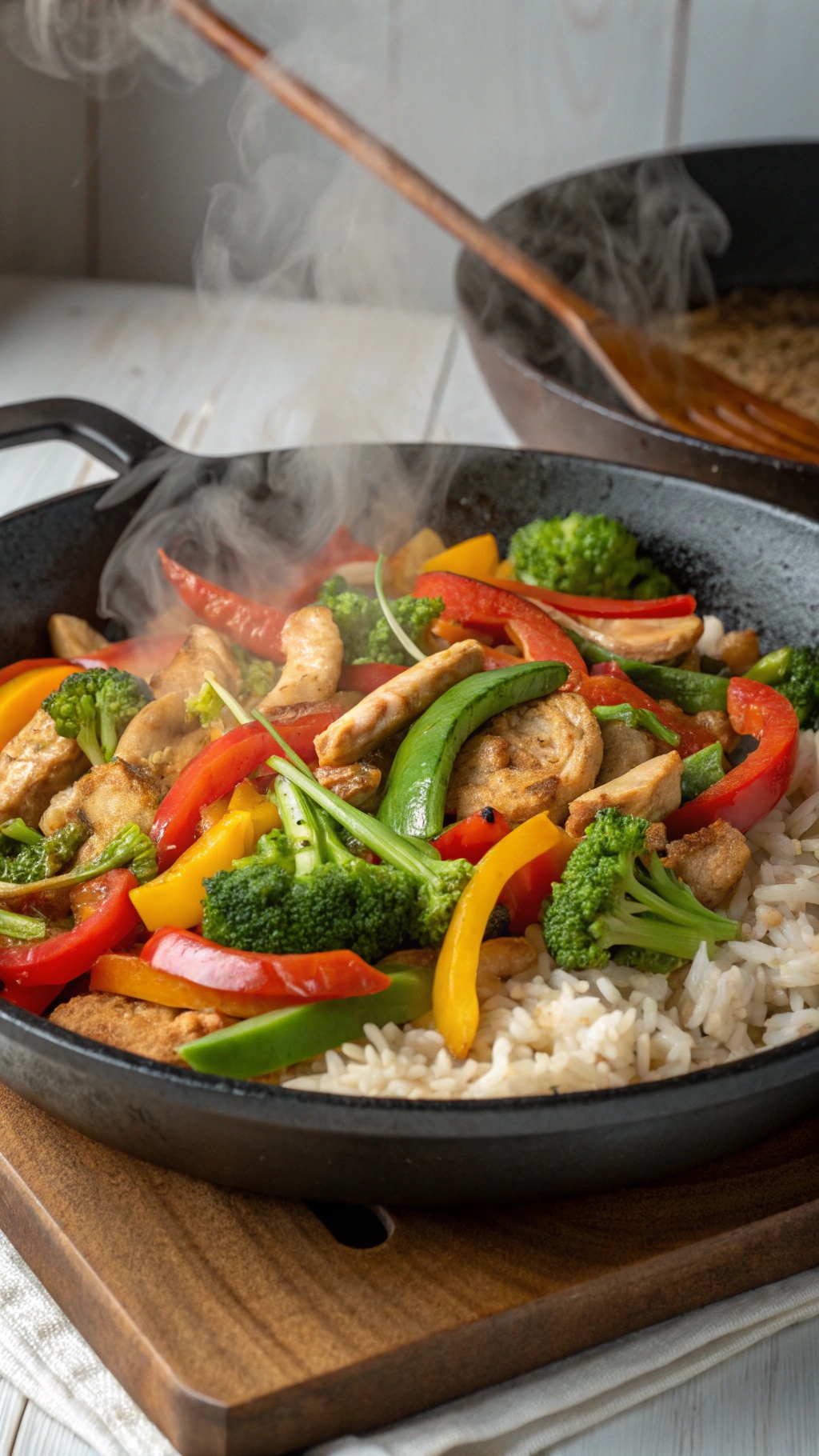 A colorful chicken stir-fry with bell peppers and broccoli served over rice.