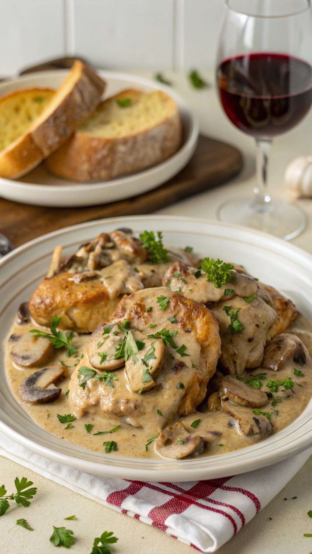 A plate of chicken thighs in mushroom sauce garnished with parsley, served with slices of bread and a glass of red wine.