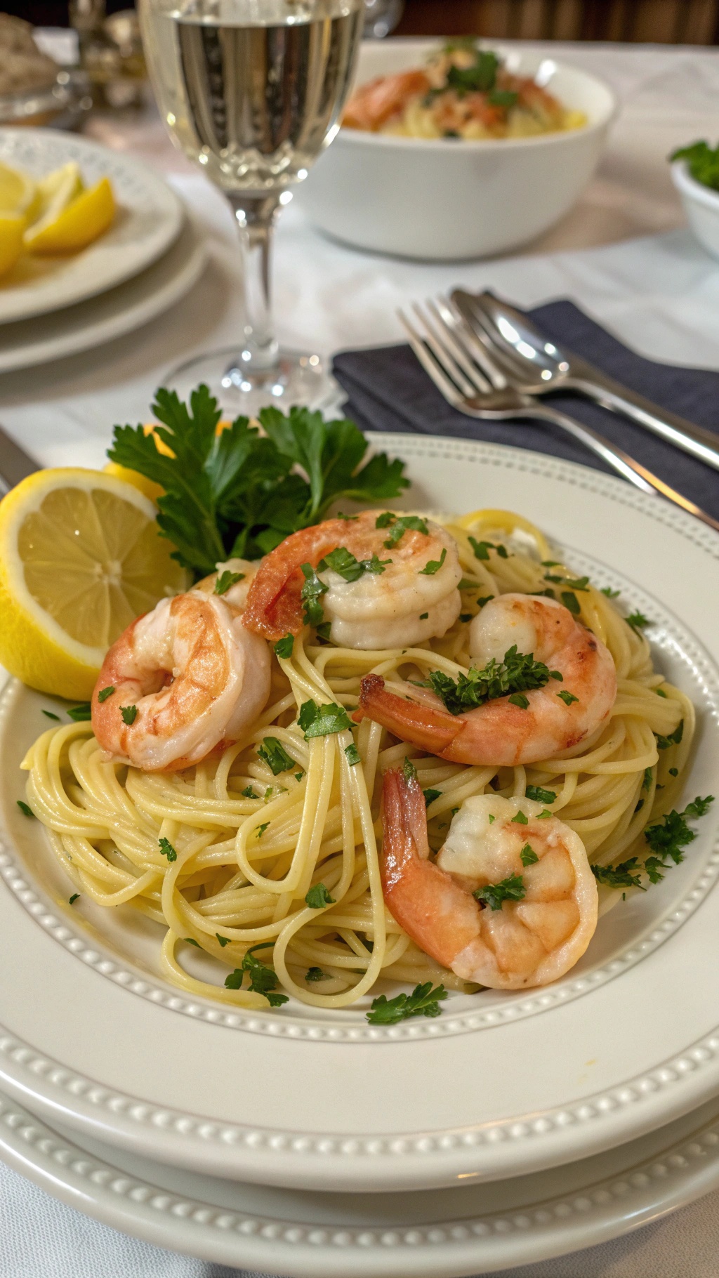 A plate of shrimp scampi with spaghetti, garnished with parsley and a lemon wedge.
