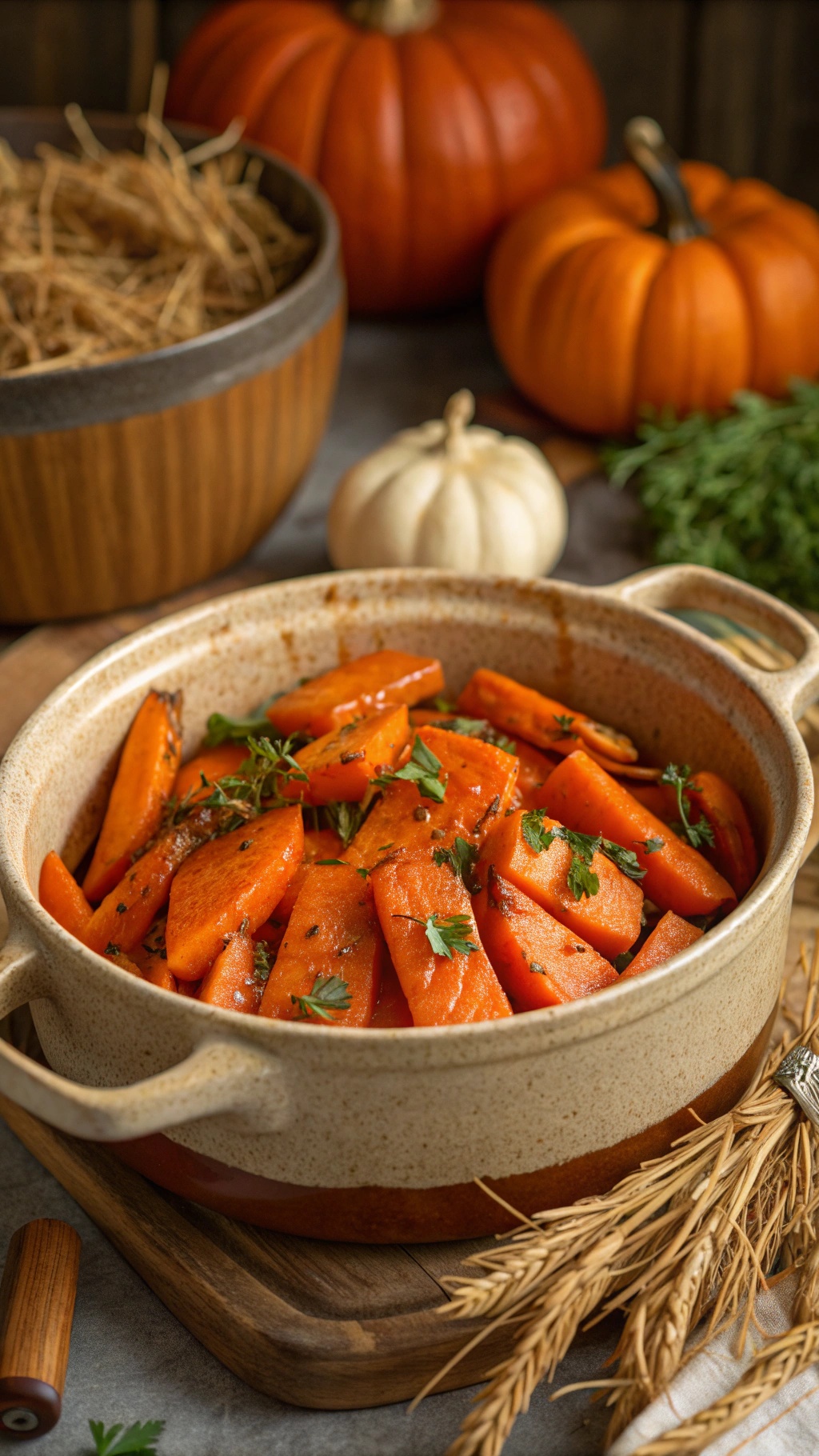 A rustic dish of maple glazed carrots garnished with herbs, surrounded by autumn decorations.