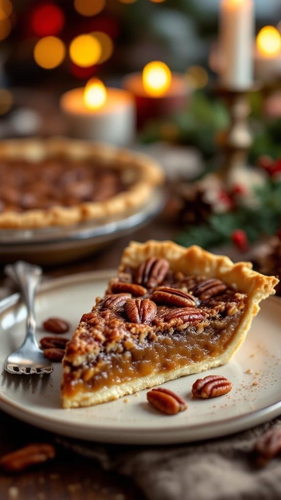 A slice of vegan pecan pie topped with pecans, on a festive table with candles and holiday decorations.