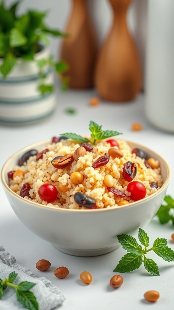 A bowl of couscous topped with cherry tomatoes, nuts, and mint leaves.