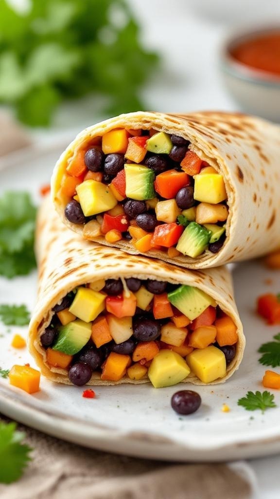 Two vegan breakfast burritos filled with colorful vegetables and black beans on a plate.