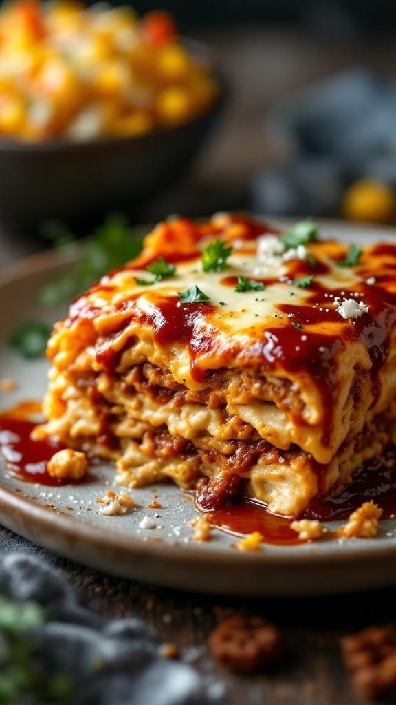 A delicious slice of BBQ Chicken Lasagna topped with BBQ sauce and herbs, served on a rustic plate.