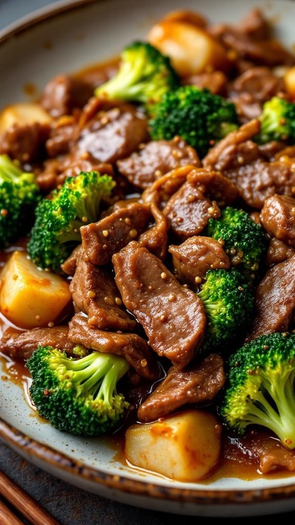 A delicious beef and broccoli stir-fry with tender beef slices and bright green broccoli in a savory sauce.