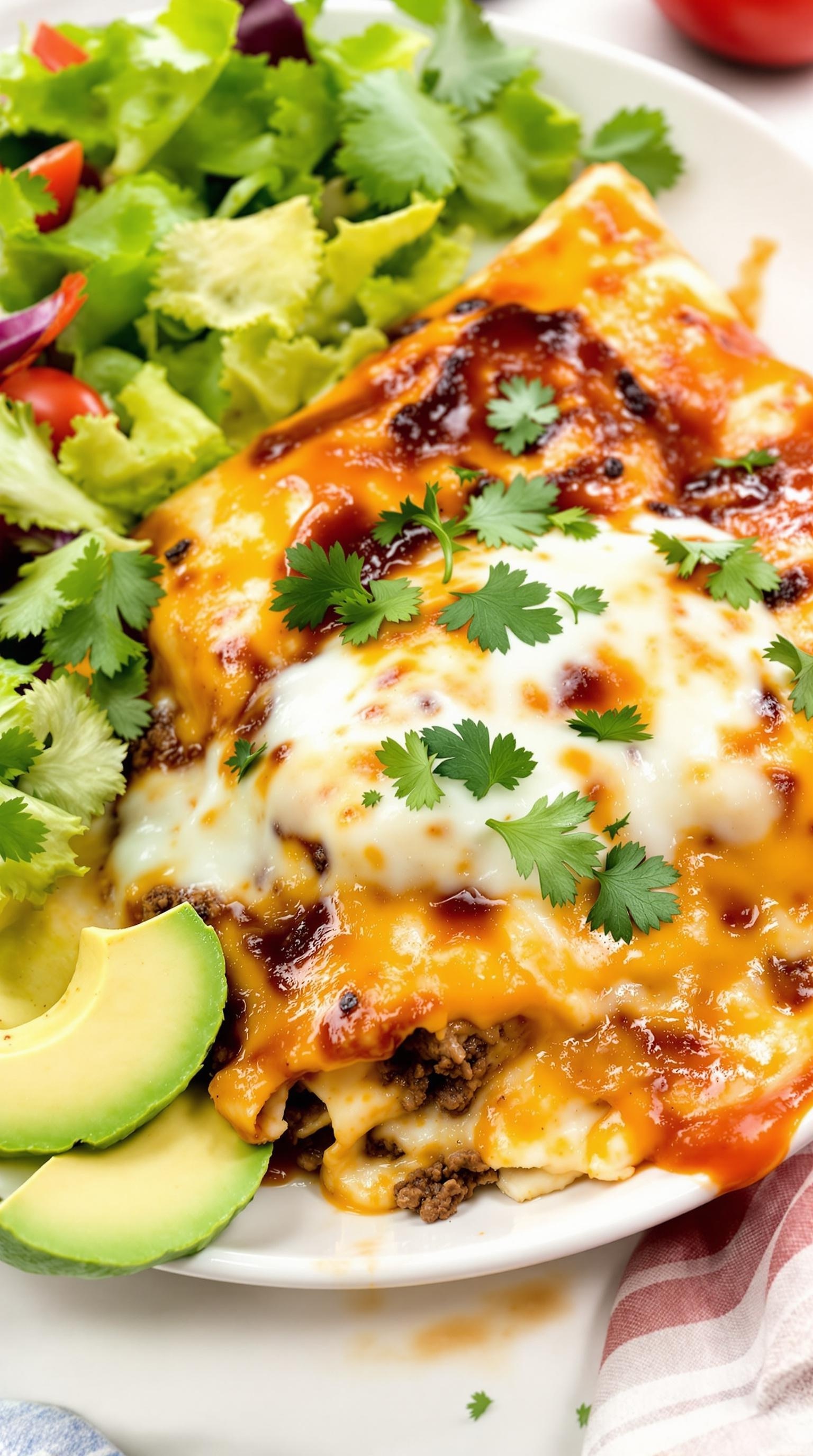Delicious beef enchiladas topped with cheese and cilantro, served with avocado and salad.