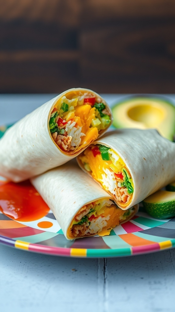 Delicious breakfast burritos filled with eggs, cheese, and vegetables on a colorful plate.