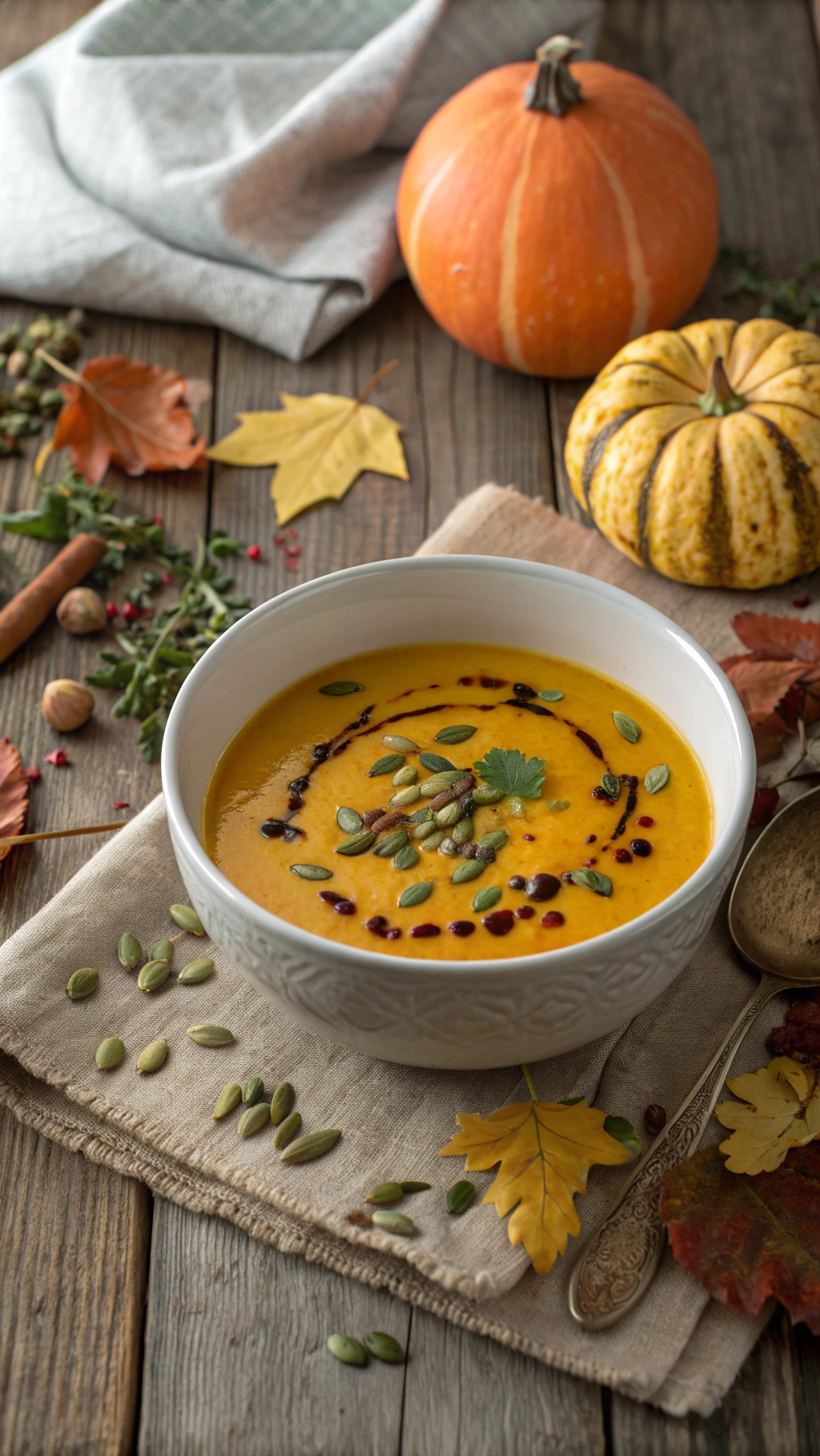 A bowl of butternut squash soup garnished with pumpkin seeds, surrounded by autumn leaves and pumpkins.