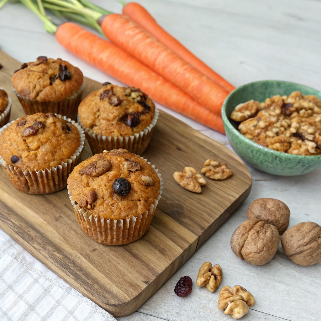 Freshly baked carrot muffins with nuts and dried fruit, surrounded by fresh carrots.
