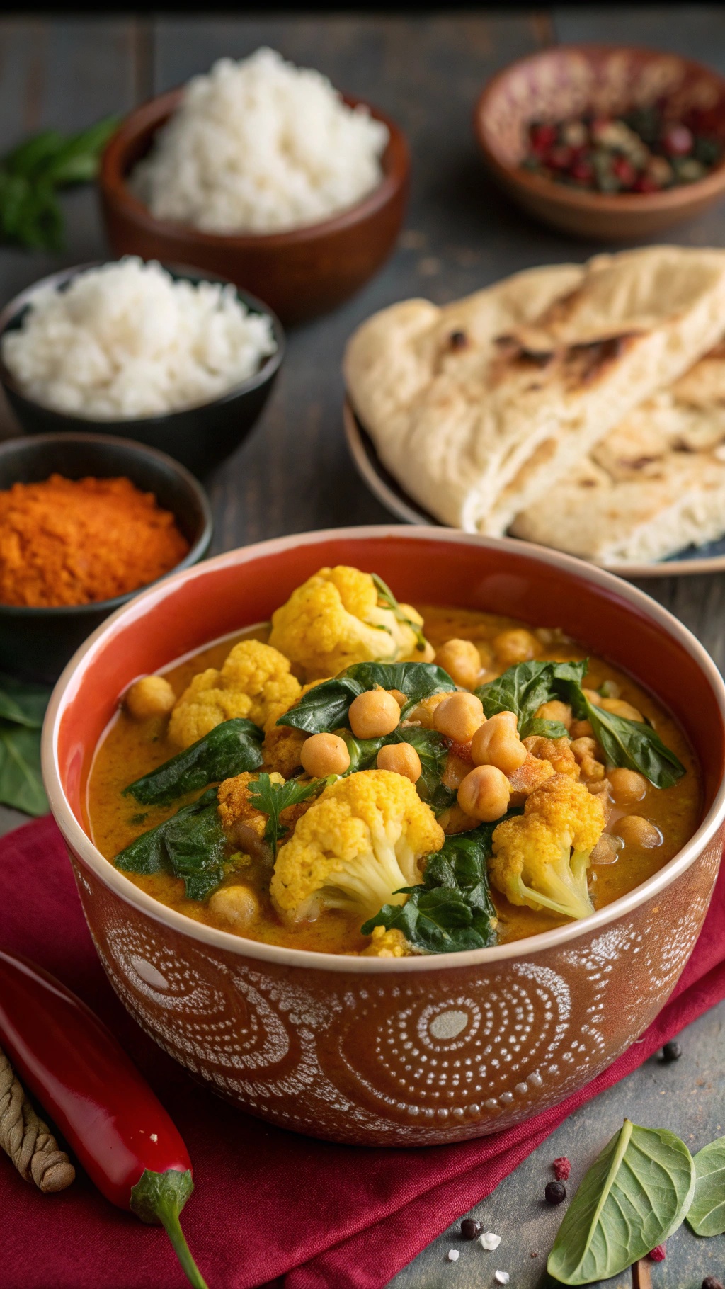A bowl of cauliflower curry with chickpeas and spinach, served with rice and naan.