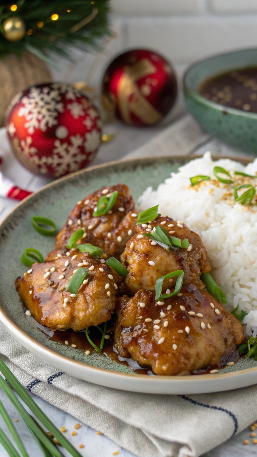 Honey garlic chicken served with rice, garnished with green onions and sesame seeds, with holiday decorations in the background.