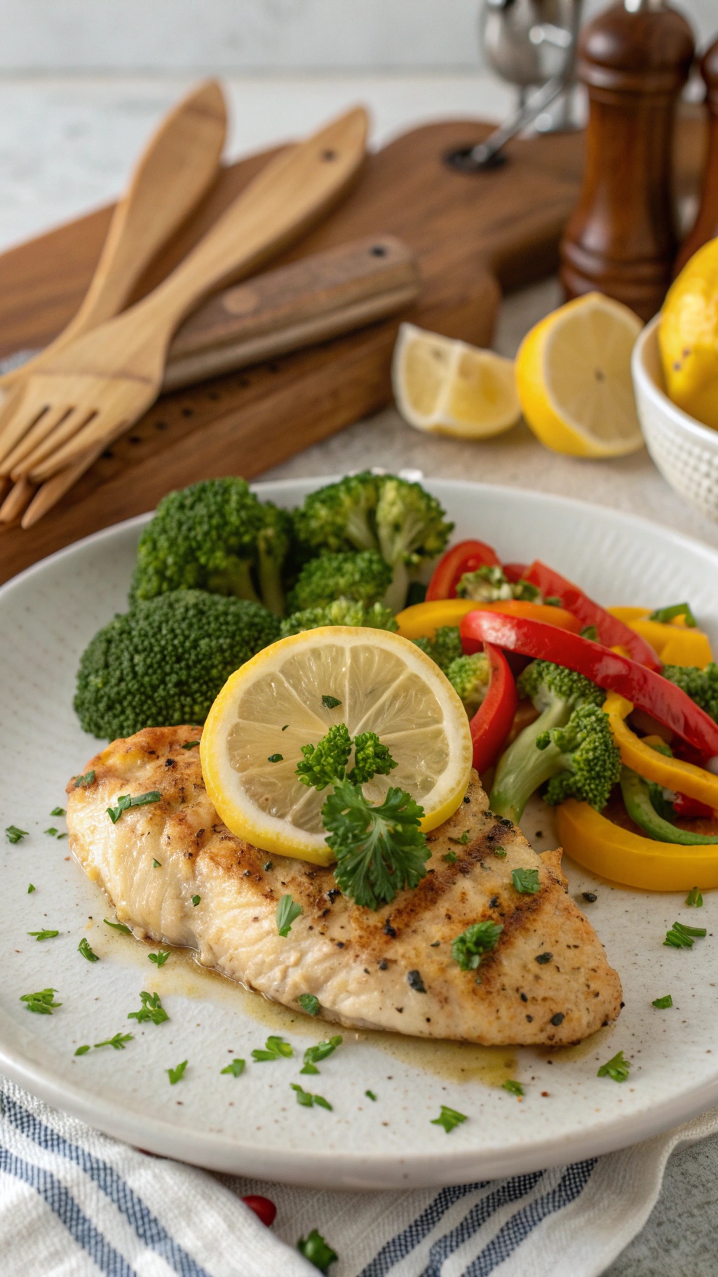 Lemon garlic chicken served with broccoli and bell peppers on a plate.