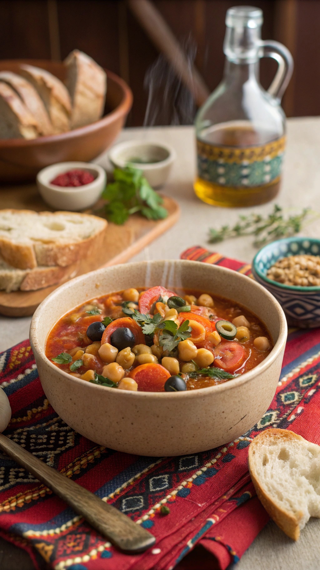 A bowl of Mediterranean Chickpea Stew with vibrant vegetables and herbs, served with crusty bread.