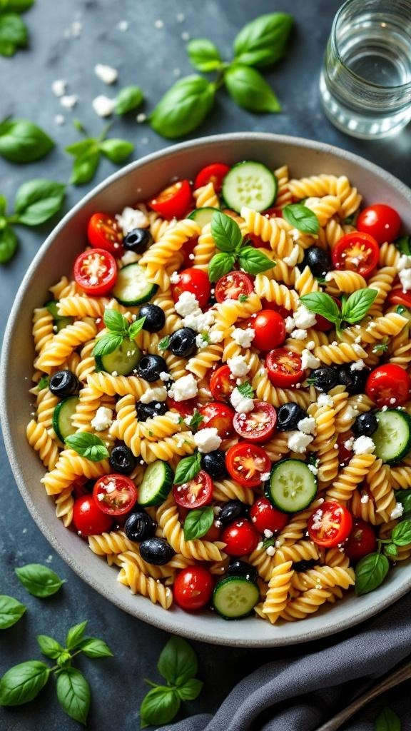 A colorful Mediterranean pasta salad with cherry tomatoes, cucumbers, olives, and basil in a bowl.