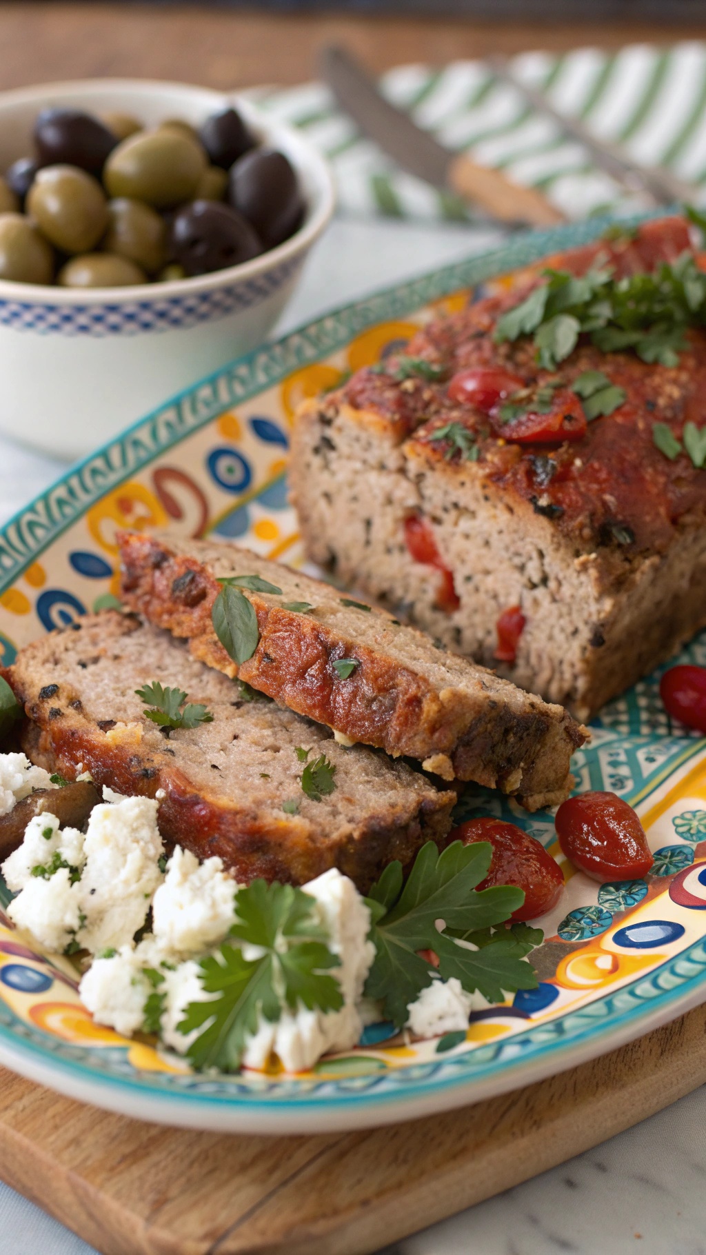 Mediterranean turkey meatloaf with sun-dried tomatoes, served with olives and feta cheese.