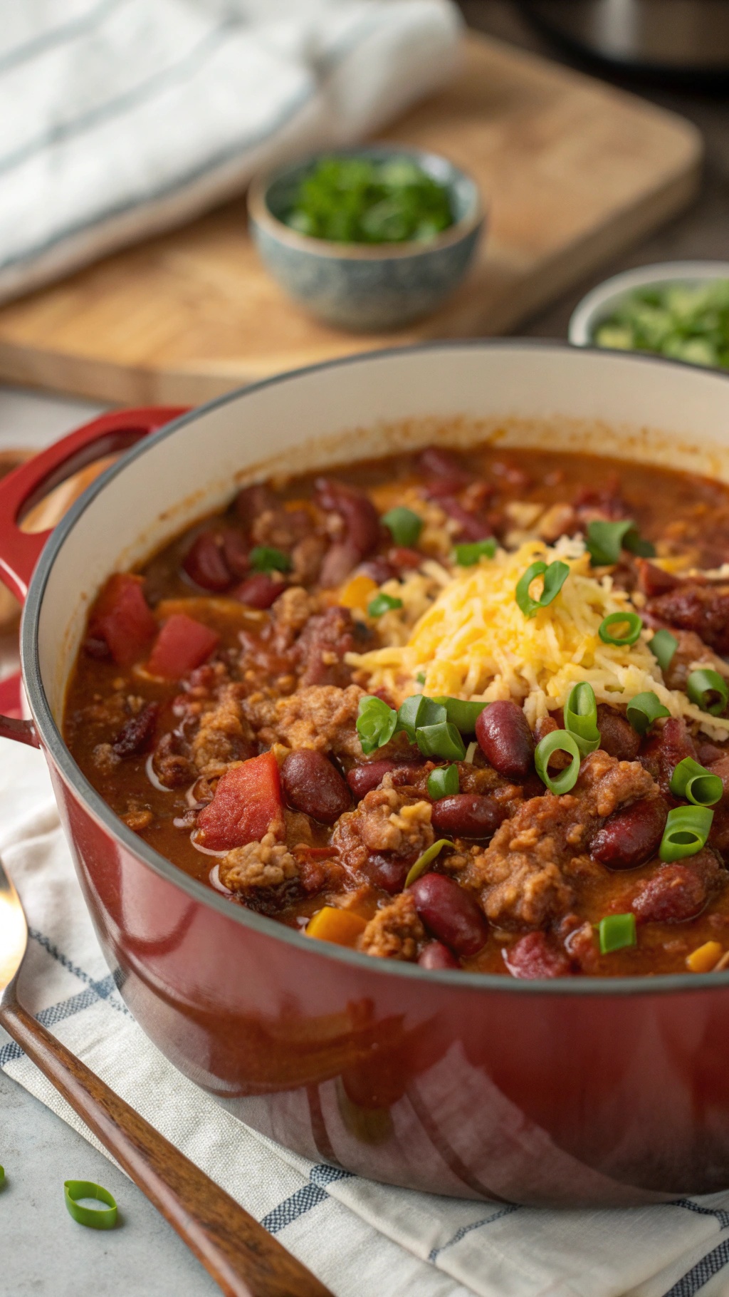 A pot of turkey chili garnished with cheese and green onions