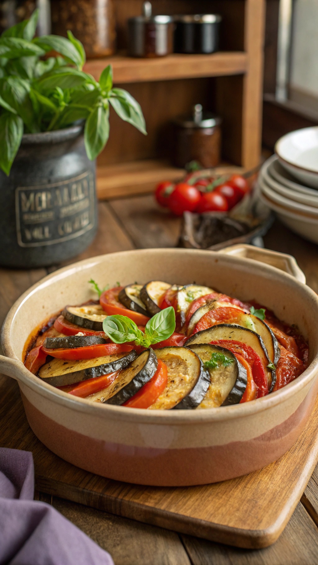 A colorful dish of ratatouille featuring layers of zucchini, eggplant, and tomatoes, garnished with fresh basil.