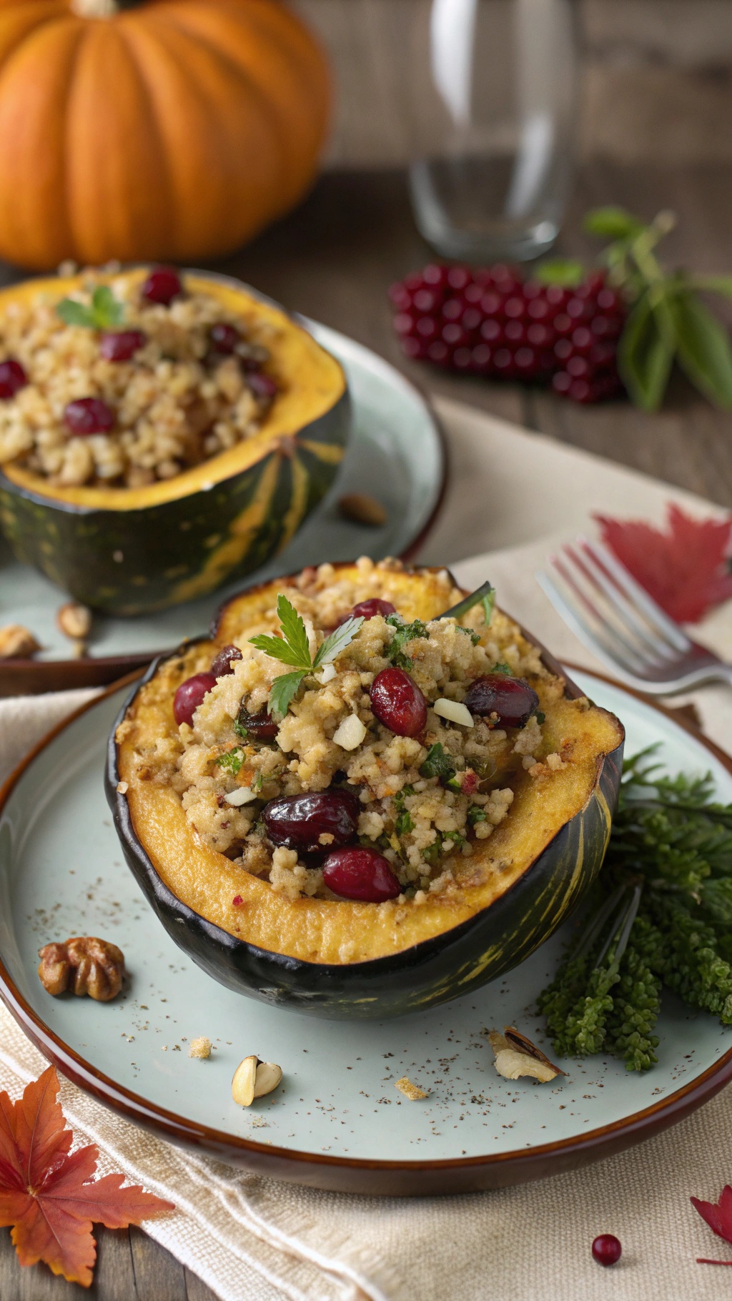 Stuffed acorn squash filled with quinoa, cranberries, and nuts, served on a plate with autumn leaves.