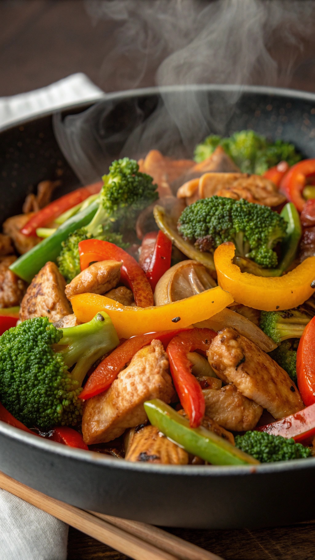 A colorful stir-fry with chicken, broccoli, and bell peppers in a pan.