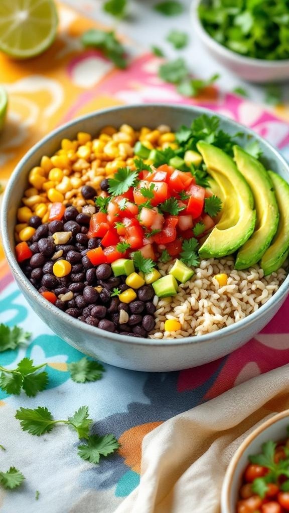 A colorful vegan burrito bowl filled with brown rice, black beans, corn, diced tomatoes, avocado, and cilantro on a vibrant background.