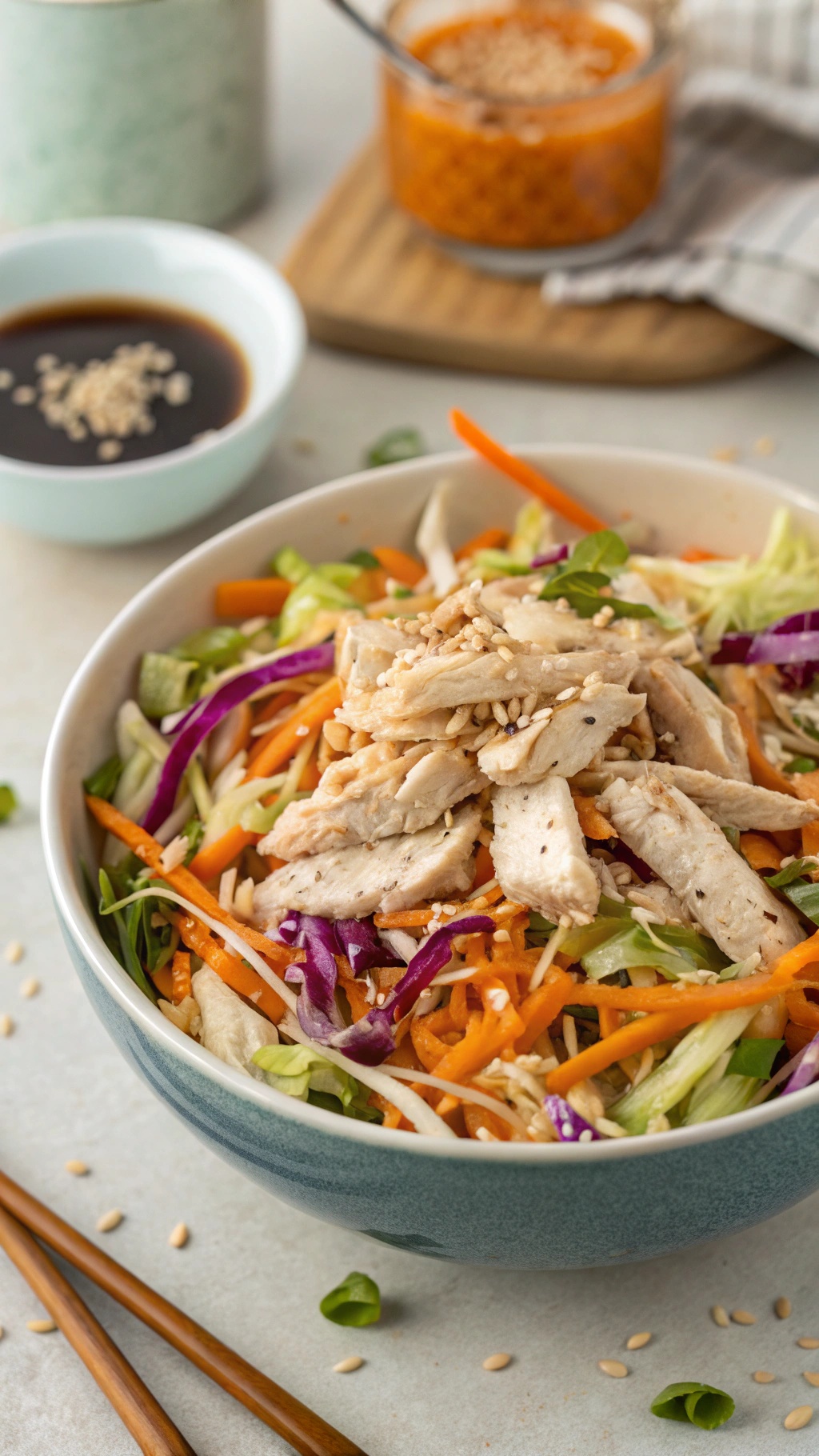 A bowl of Asian chicken salad with colorful vegetables and sliced chicken on top.