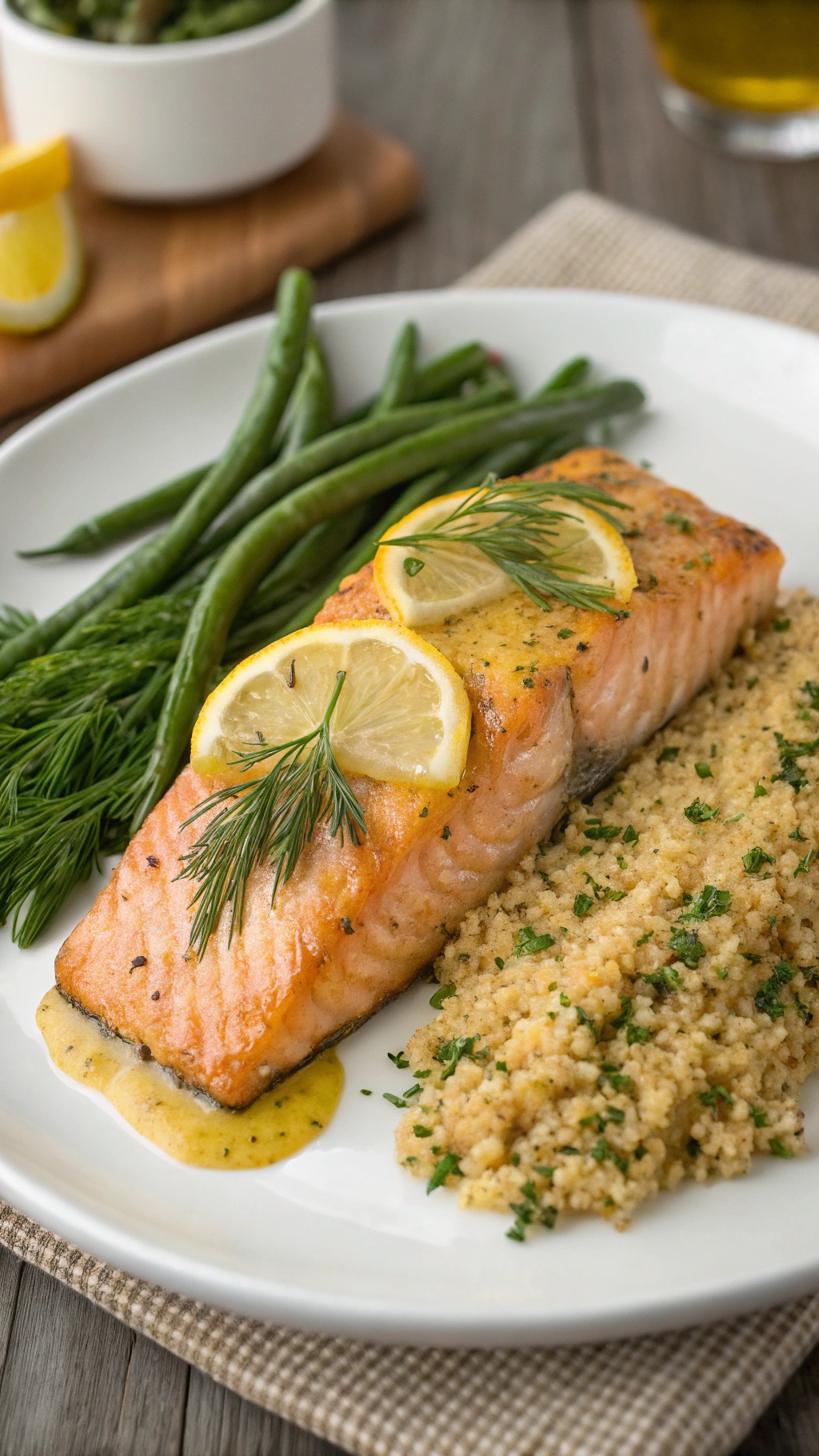 Baked salmon fillet with honey mustard glaze, served with green beans and couscous.