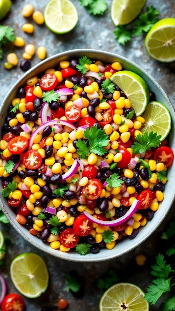 A colorful bean salad with black beans, corn, cherry tomatoes, and lime dressing in a bowl, garnished with lime wedges and cilantro.