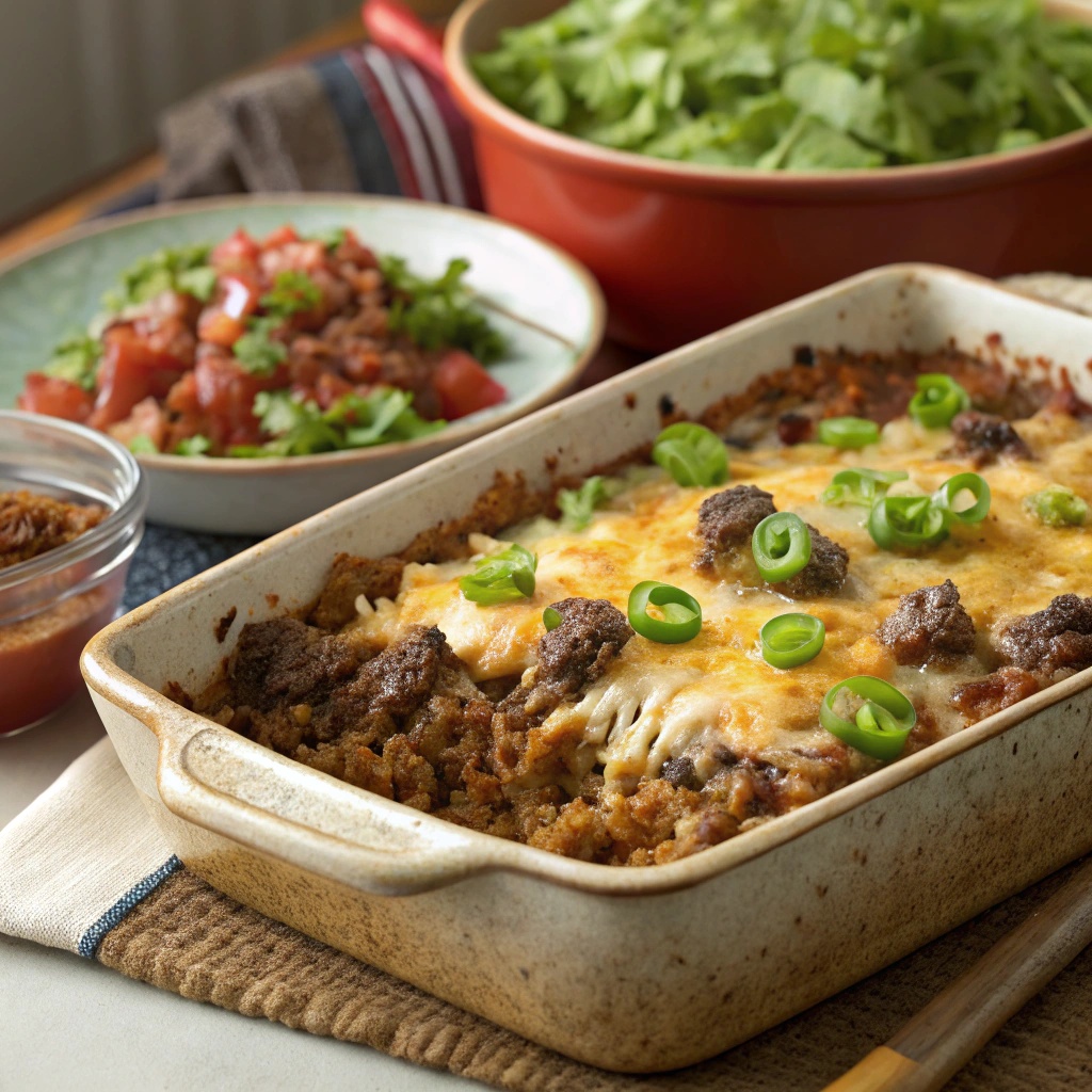 Beef and rice casserole topped with cheese and green onions