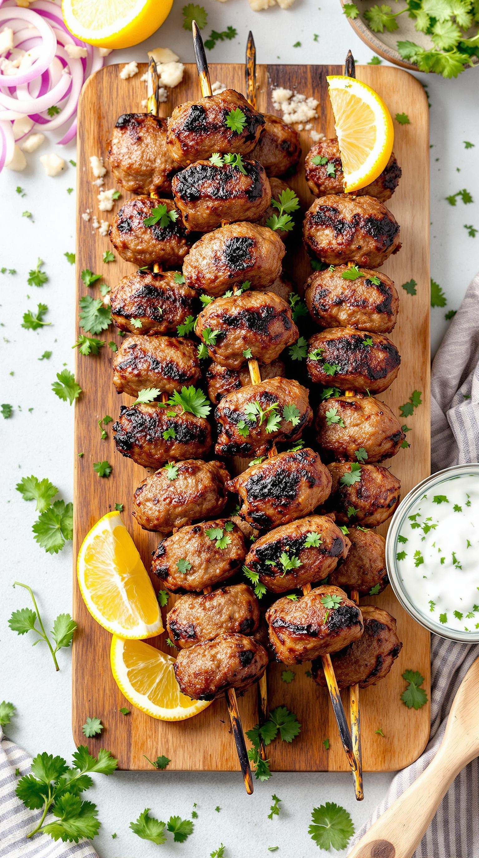 Grilled beef kofta kebabs on skewers with lemon wedges and herbs