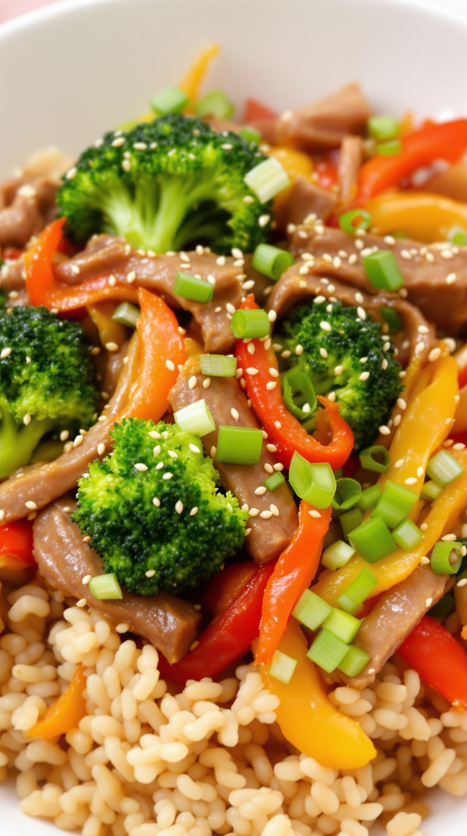 A colorful beef stir-fry with broccoli and bell peppers, served over rice.