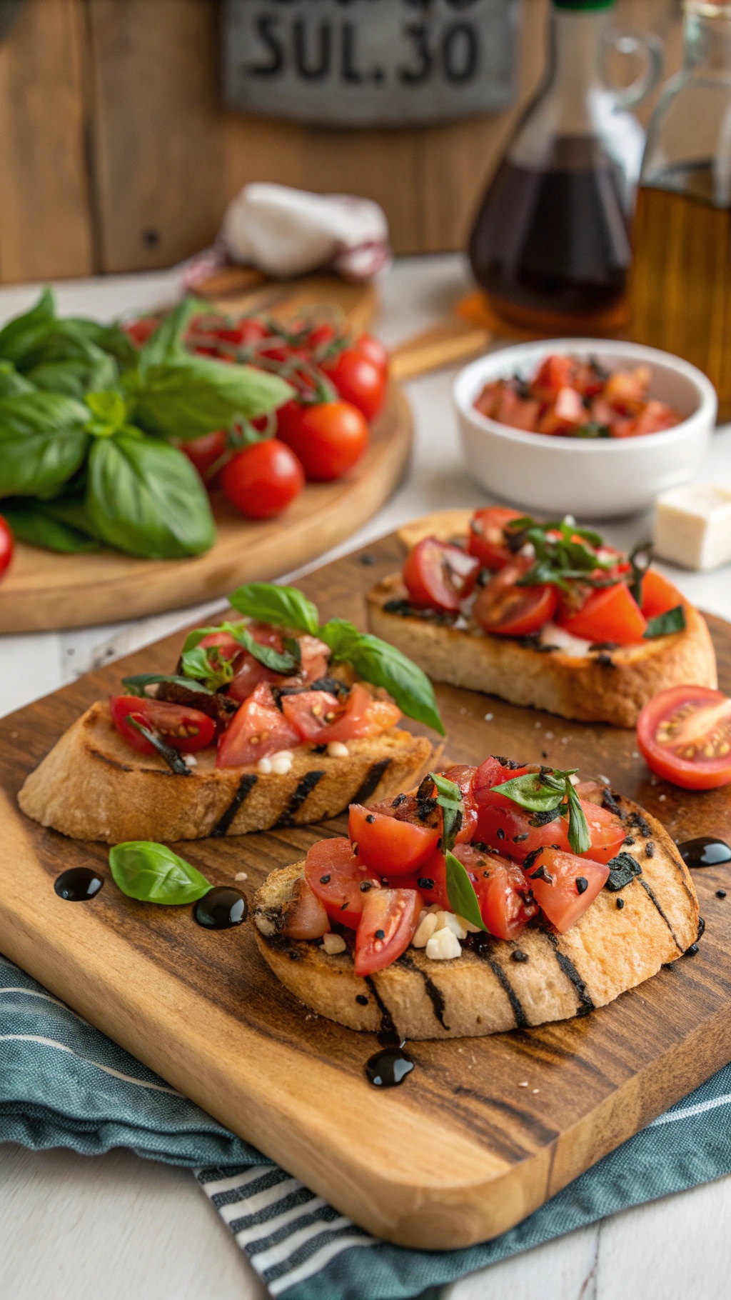 Grilled bruschetta topped with diced tomatoes and basil on a wooden board