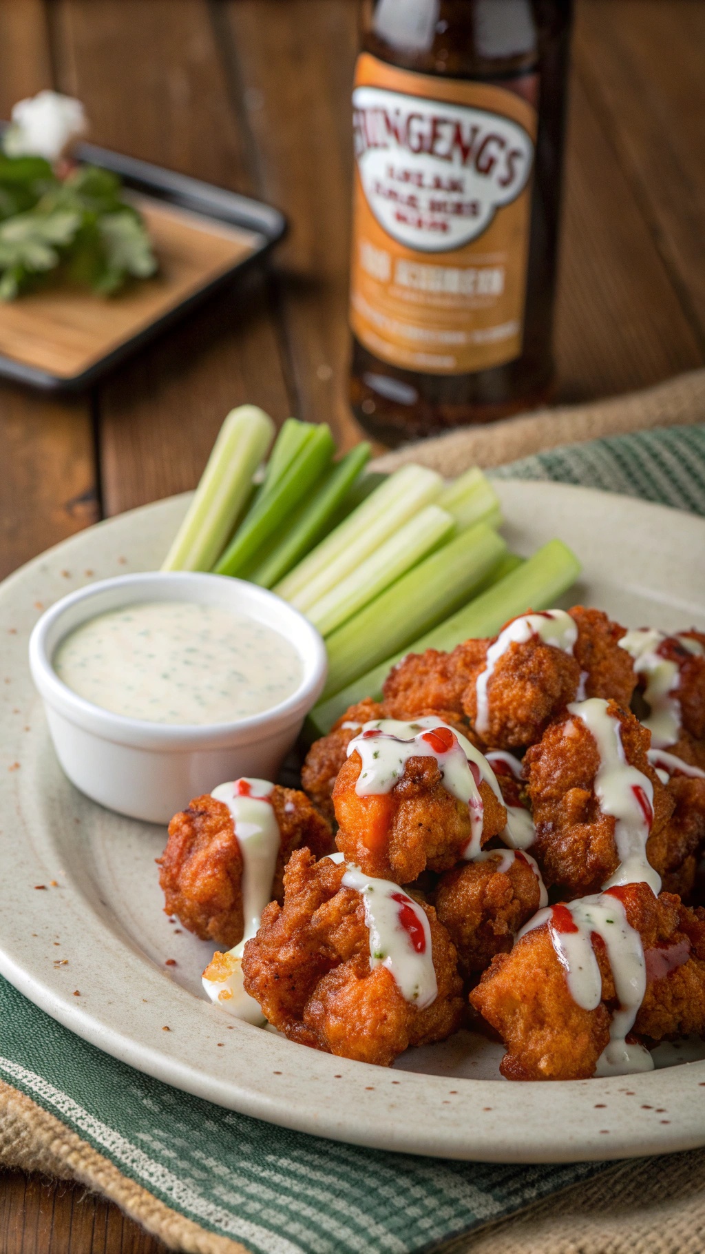 Plate of cauliflower buffalo wings with ranch dressing and celery sticks