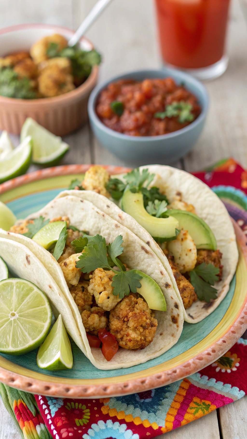 A colorful plate of cauliflower tacos with lime wedges and fresh salsa.